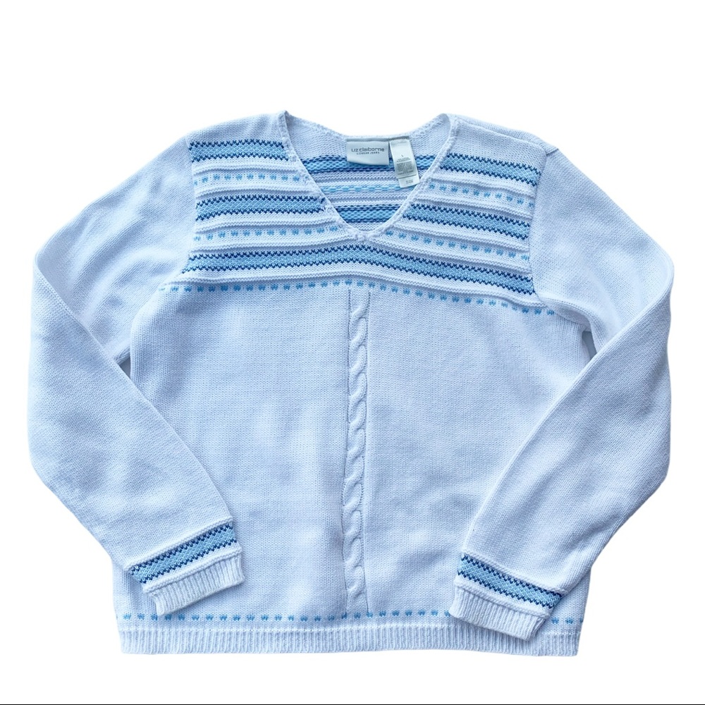 Liz Claiborne V-Neck White & Blue Vintage Sweater